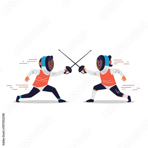 Two fencers in protective gear dueling with swords, dynamic action illustration