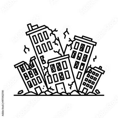 Earthquake destruction line art icon, buildings collapsing, natural disaster, city damage