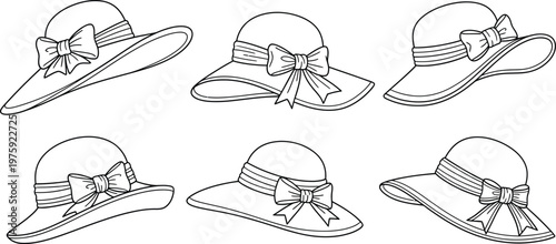 Elegant Women Summer Hats Set with Bow Ribbon Line Art Illustration