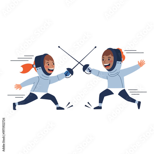 Two smiling children fencing duel, cartoon, action, sport, isolated on white background