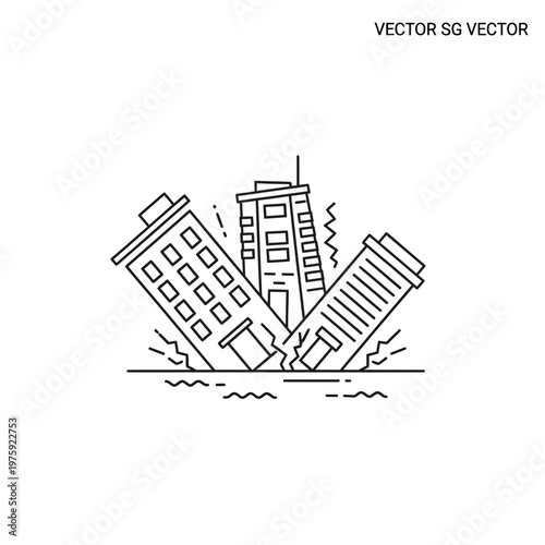 Earthquake illustration: damaged buildings tilting and collapsing during seismic event