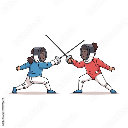 Two young fencers in protective gear dueling with swords, illustration