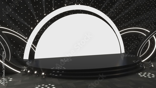 Modern empty stage for conference, exhibition, or party presentation with lighting, ideal for event branding and promotional displays. Empty stage for exhibition or event presentation, party scene and