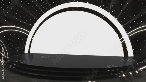 Modern empty stage for conference, exhibition, or party presentation with lighting, ideal for event branding and promotional displays. Empty stage for exhibition or event presentation, party scene 