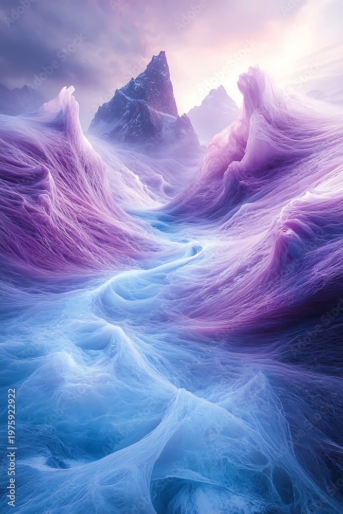 Obraz premium Ethereal violet and blue cascade landscape with mountainous formations afar