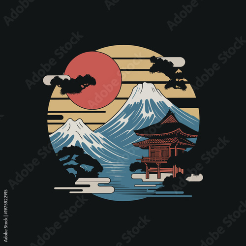 Japanese landscape with fuji mountain, temple and red sun vector illustration