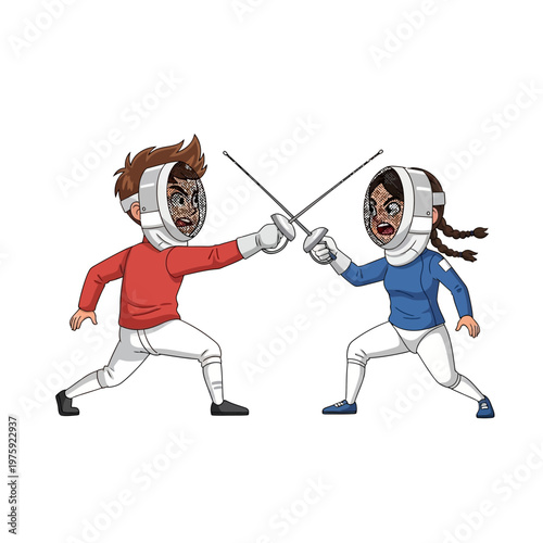Cartoon Fencers Sparring with Swords, Competitive Sport Illustration