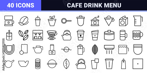 Minimalist outline beverage graphic set with geometric mugs and round vessels.