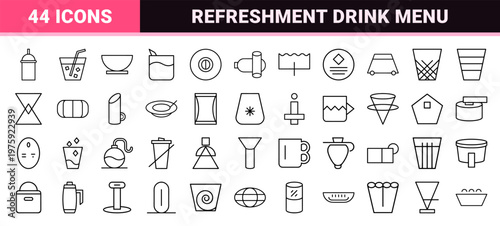 Minimalist linear iced coffee and cafe beverage icon set