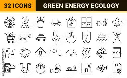 Minimalist environmental pollution and green energy line art outline icons.