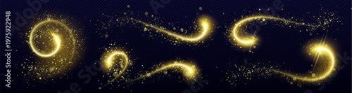Magical golden glitter trail with sparkling dust particles and glowing star rays, vector swirl effect on dark transparent background. Festive wavy designs elements, shimmering powder