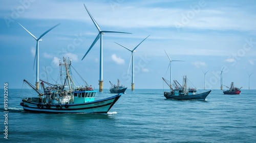 Serene Coexistence: Offshore Wind Farm and Fishing Boats in Gulf of Thailand. Harmony of Industry and Tradition.