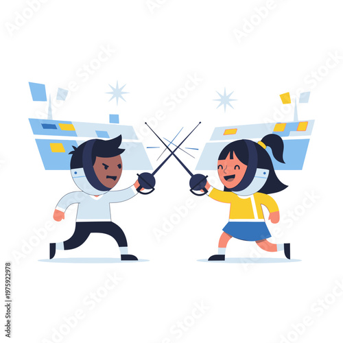 Children Fencing Match Illustration: Two kids in protective gear dueling with foils on a sports arena background.