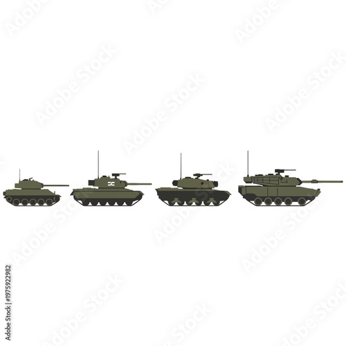 Four Green Military Tanks Lined Up Side by Side Isolated on White Background