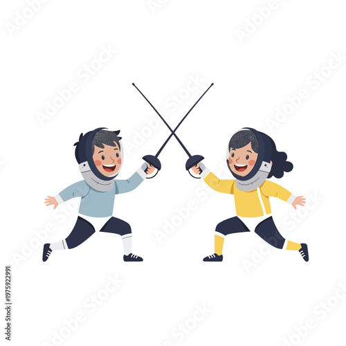 Children Fencing Match Cartoon Illustration