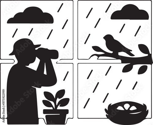 Clean window frame square showing rain shower outside, potted plant inside.