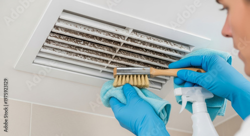 Person cleaning air vent with focus and determination in a bright indoor space
