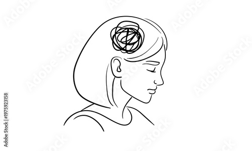 Overthinking and anxiety continuous line drawing – mental health concept minimalist line art. Negative thoughts in the woman head outline. Vector illustration