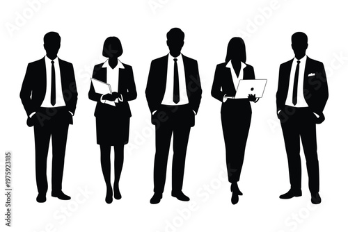 Business people silhouette team group teamwork, corporate office professional employment career job concept, vector illustration for company, leadership, and workplace collaboration design projects.