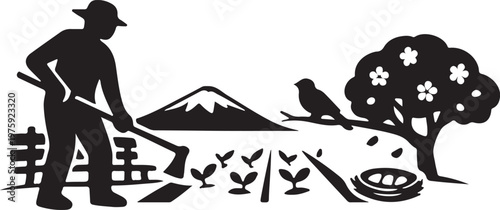 Geometric farmer with hoe, seedling rows, distant mountain peak.