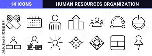 Minimalist black outline corporate business teamwork and office management icon set