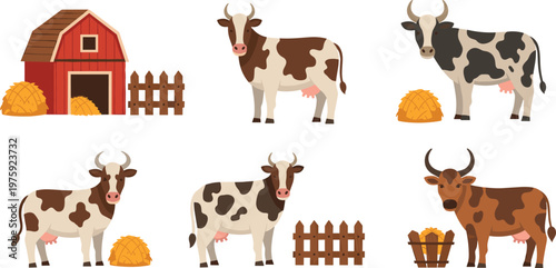 Farm Cow Collection with Barn, Haystacks, and Fences for Agricultural, Country, and Animal Illustrations