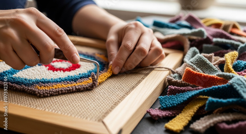 Craftsperson engaged in vibrant textile art with a focused and creative mood against a backdrop of colorful fabric scraps