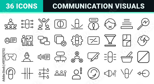 Minimalist outline communication symbols with speech bubbles and profiles.