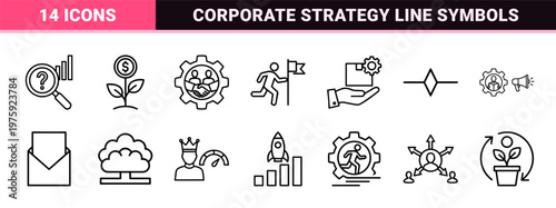 Startup business development and innovation line icons