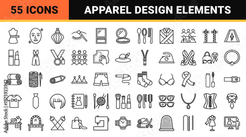Minimalist fashion, tailoring, and cosmetics outline icon set