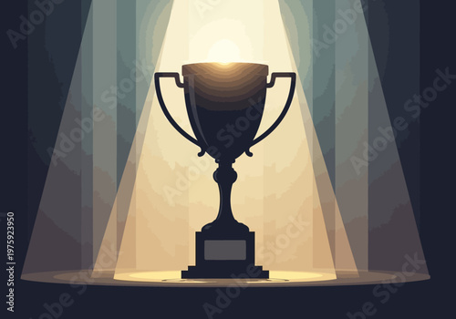 Silhouette of a shining trophy under bright spotlights.