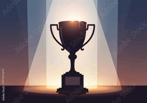 Silhouette of a gleaming trophy symbolizing victory and achievement illuminated by a spotlight.