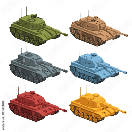 Set of Six Colorful Isometric Military Tanks Illustration