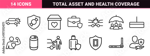 Minimalist insurance and risk management line icon set