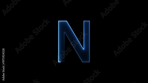 Glowing neon letter 'N' symbol, a shiny light font illustration on a black background English alphabet education type word writing letter text effect smooth footage sign symbol with black background