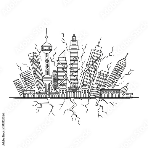 Cityscape Disaster Line Art: Skewed Skyscrapers, Cracked Ground, Earthquake Destruction