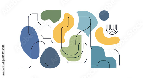 Abstract composition with minimalist geometric shapes and lines on white background