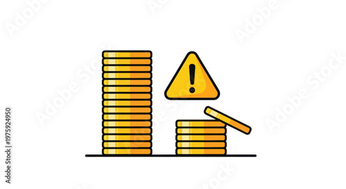 Financial risk warning concept with stacks of gold coins and alert sign