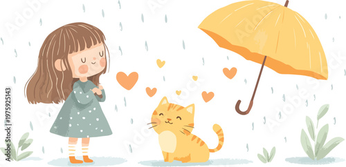 Cute cartoon illustration of a little girl with an umbrella and her dog surrounded by playful kittens and pets in a fun colorful style