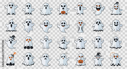 Collection of various cute cartoon ghost character stickers for Halloween.
