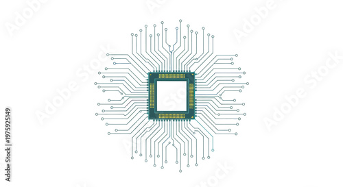 Digital microchip circuit board with radiating computer processor traces