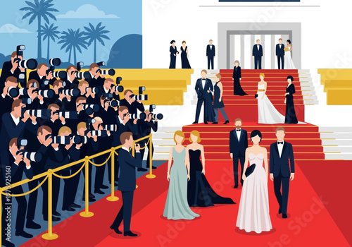 Celebrities and photographers at a glamorous red carpet event.