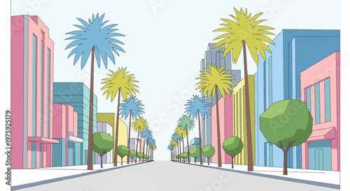 Colorful City Street with Palm Trees.
