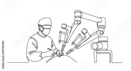 Continuous line drawing of a surgeon performing robotic assisted surgery.