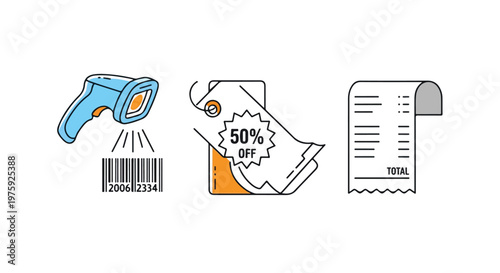 Retail shopping icons set, barcode scanner and 50 percent off price tag, paper store receipt vector illustration for commerce and sales