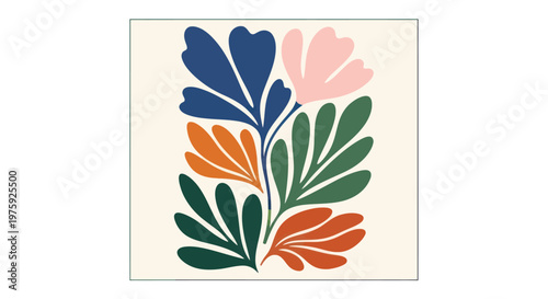 Abstract floral art with colorful leaves and petals on a cream background.