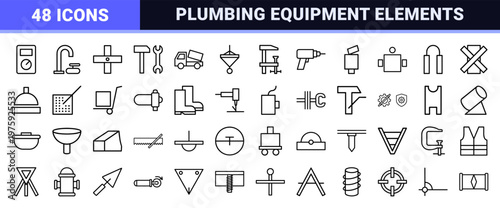 Minimalist outline construction and plumbing icon set with tools and machinery.