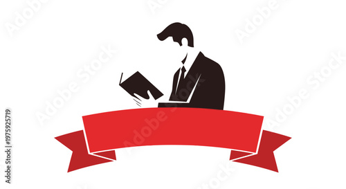Man in suit reading a book over a red banner