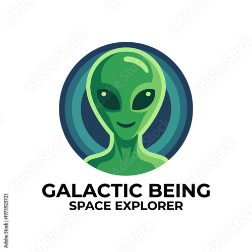 A welcoming green alien with a friendly face stands out in this vibrant space-themed illustration, representing curiosity and exploration among the stars.
