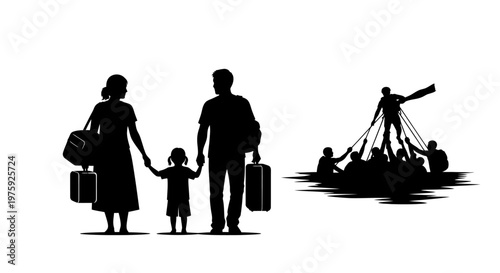 Silhouette of a family with luggage and a group on a raft.